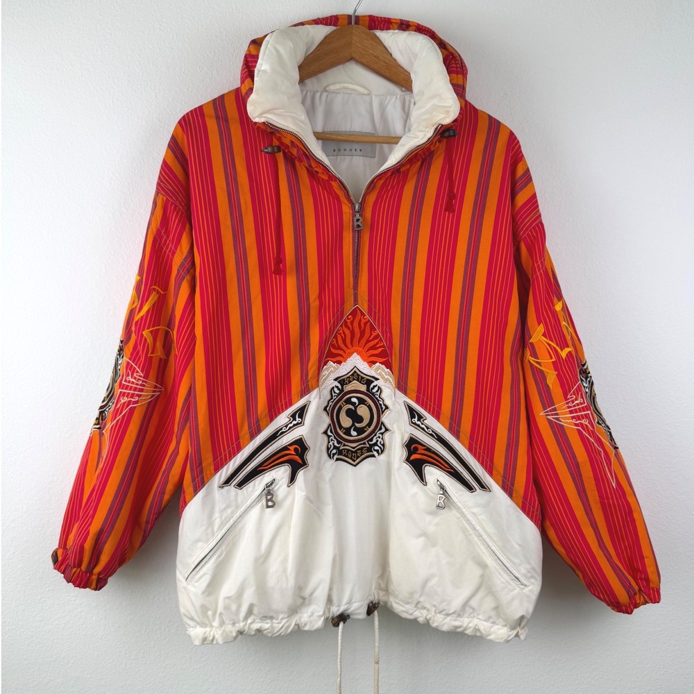 Bogner Ski Jacket Mens L Orange Striped Great Vintage Retro Embroidered Hooded